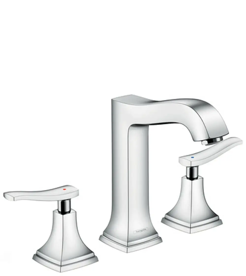 Waschtischarmatur in Chrom mit drei Komponenten: zentralem Wasserhahn und zwei Hebelgriffen für heiße und kalte Wasserregulierung. Hansgrohe-Design.
